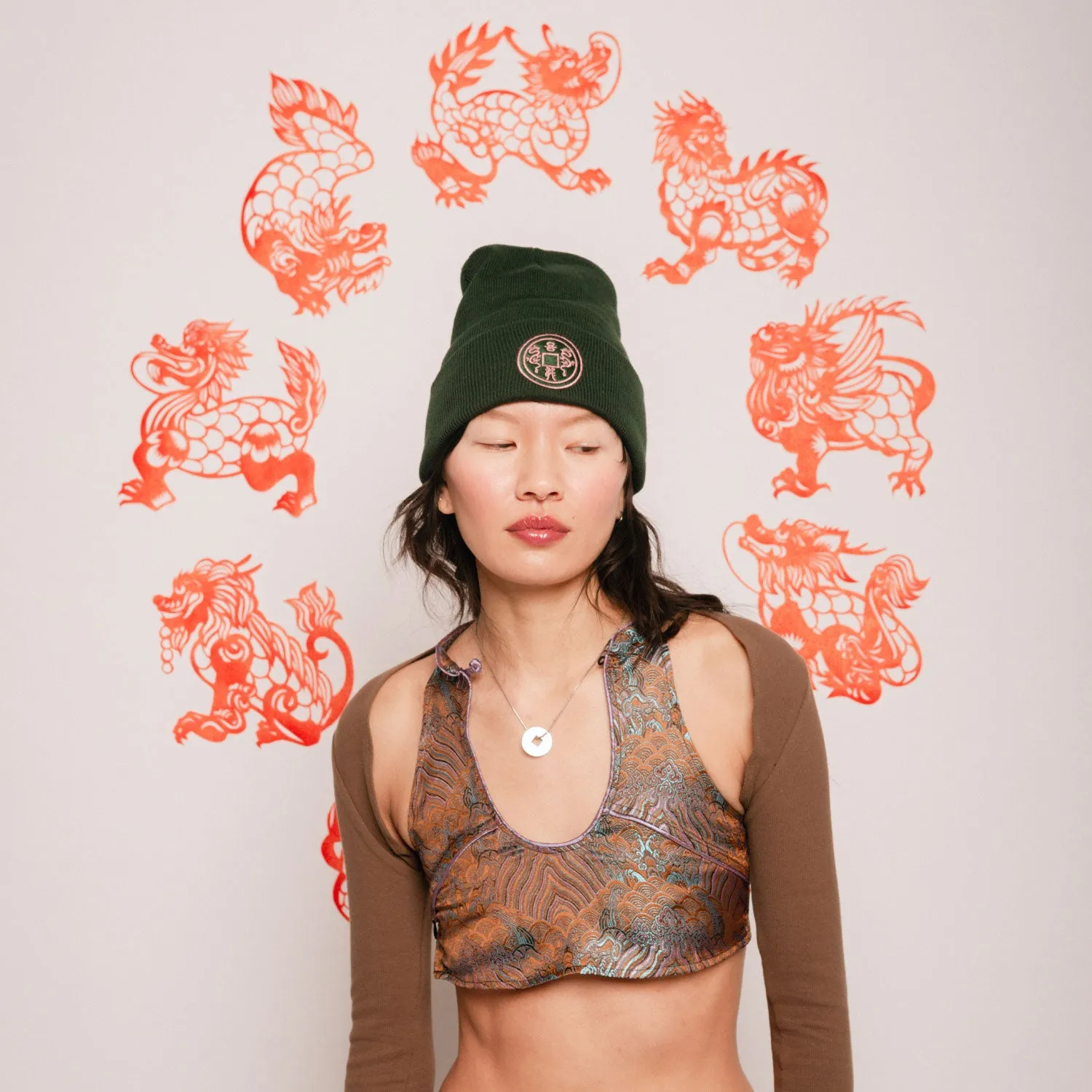 Coin of Dragon Embroidered Knitted Beanie