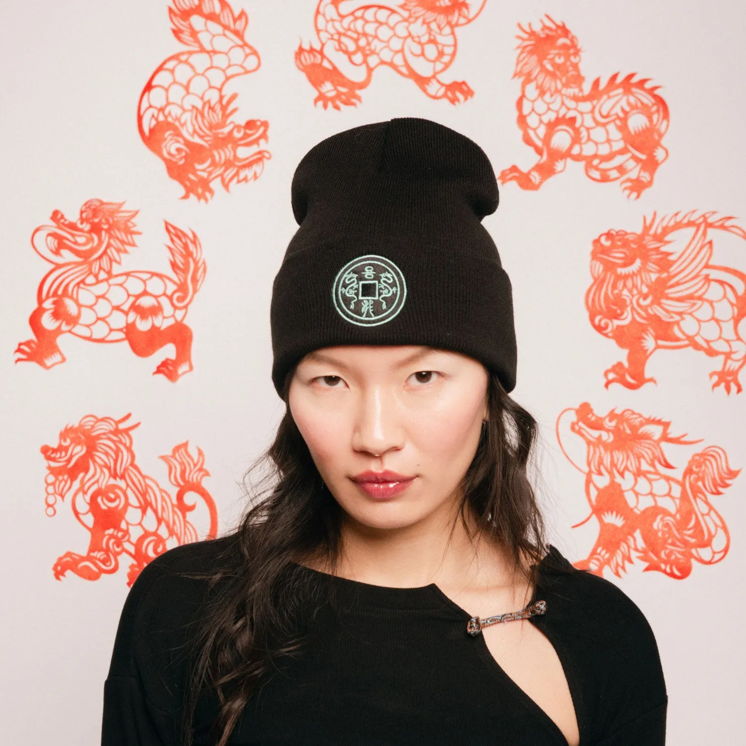 Coin of Dragon Embroidered Knitted Beanie