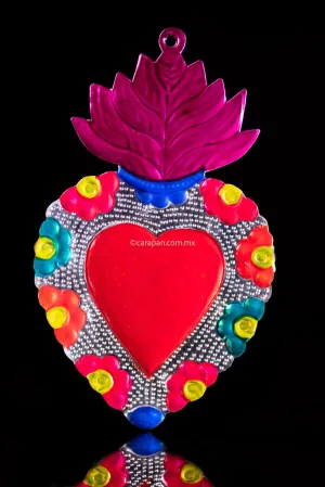 Colorful  Mexican Tin Heart With Flame & Flowers