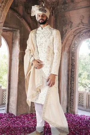 Cream Moti And Sequins Embroidered Sherwani