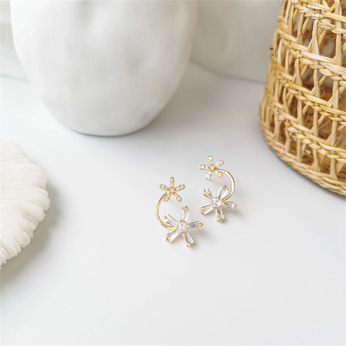 Cubic Zirconia & 18K Gold-Plated Double-Flower Stud Earrings