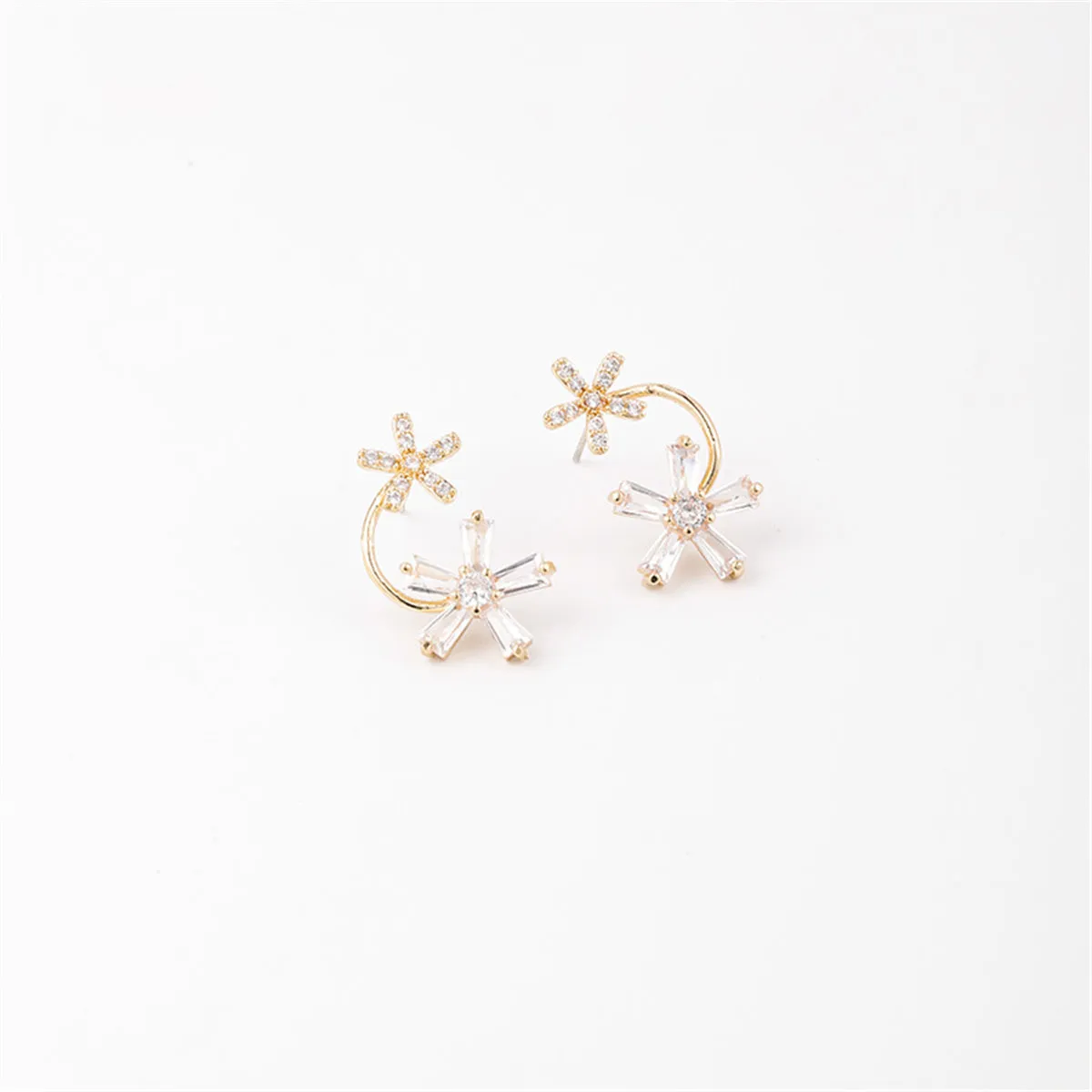 Cubic Zirconia & 18K Gold-Plated Double-Flower Stud Earrings