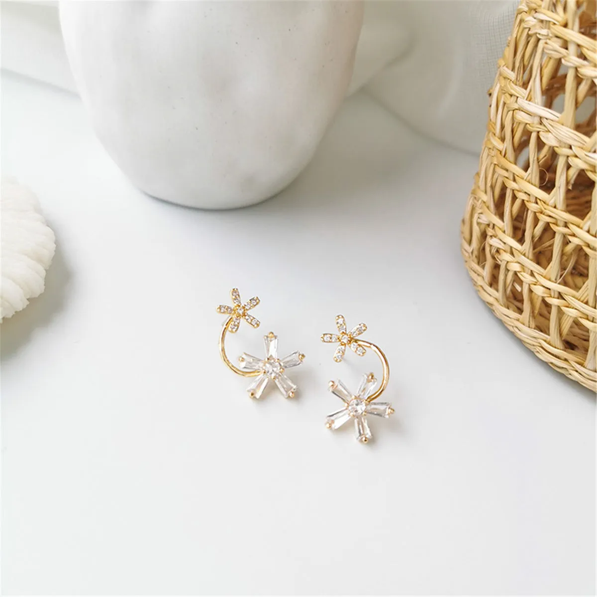 Cubic Zirconia & 18K Gold-Plated Double-Flower Stud Earrings