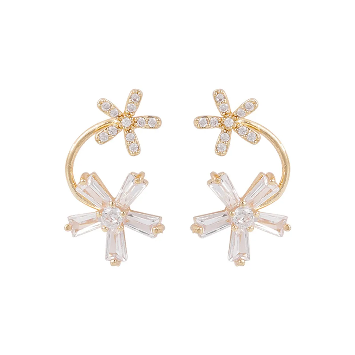 Cubic Zirconia & 18K Gold-Plated Double-Flower Stud Earrings