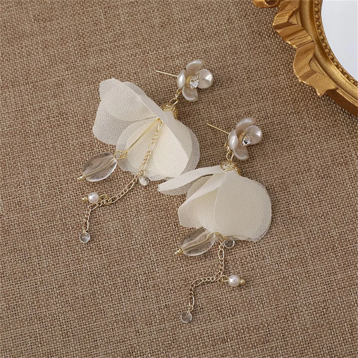 Cubic Zirconia & Pearl Floral Petal Drop Earrings
