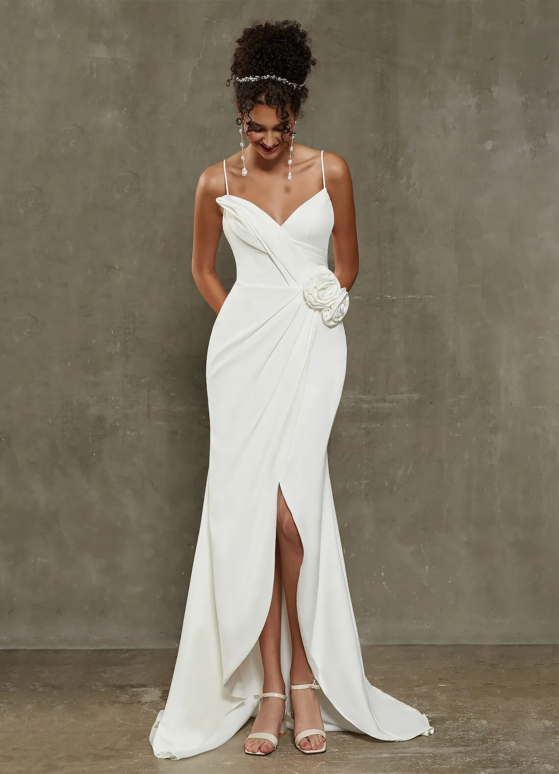 Diamond White 3D Flower Double FDY High Low Wedding Dress for Brides