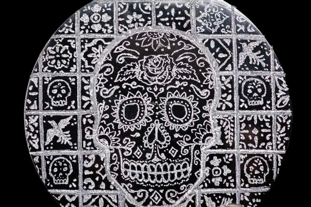 Engraved Obsidian with Skeleton, Day of the dead Theme