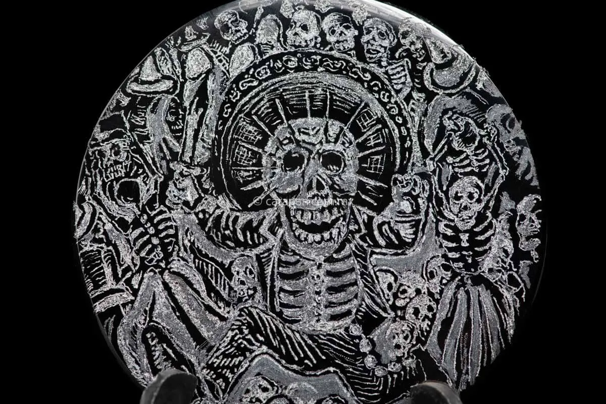 Engraved Obsidian with Skeleton, Day of the dead Theme