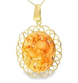 Estate Cameo 14K Gold Filigree Carved Red Coral Reversible Angel Pendant Slide