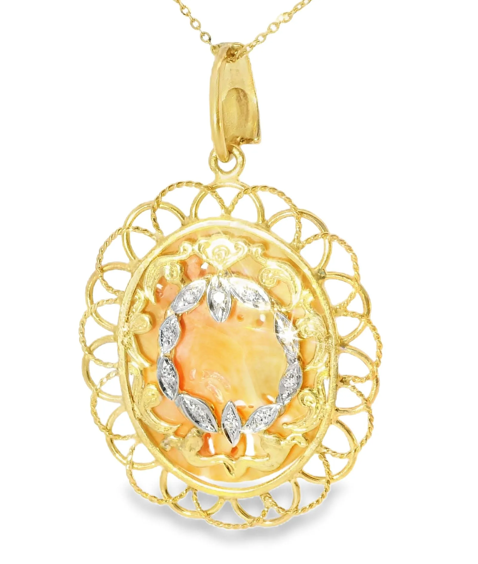 Estate Cameo 14K Gold Filigree Carved Red Coral Reversible Angel Pendant Slide
