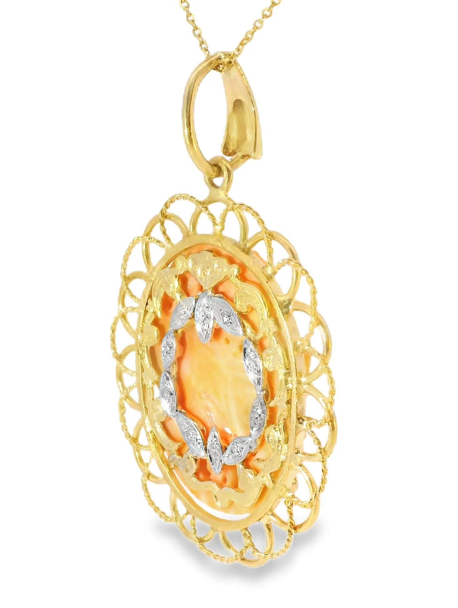 Estate Cameo 14K Gold Filigree Carved Red Coral Reversible Angel Pendant Slide
