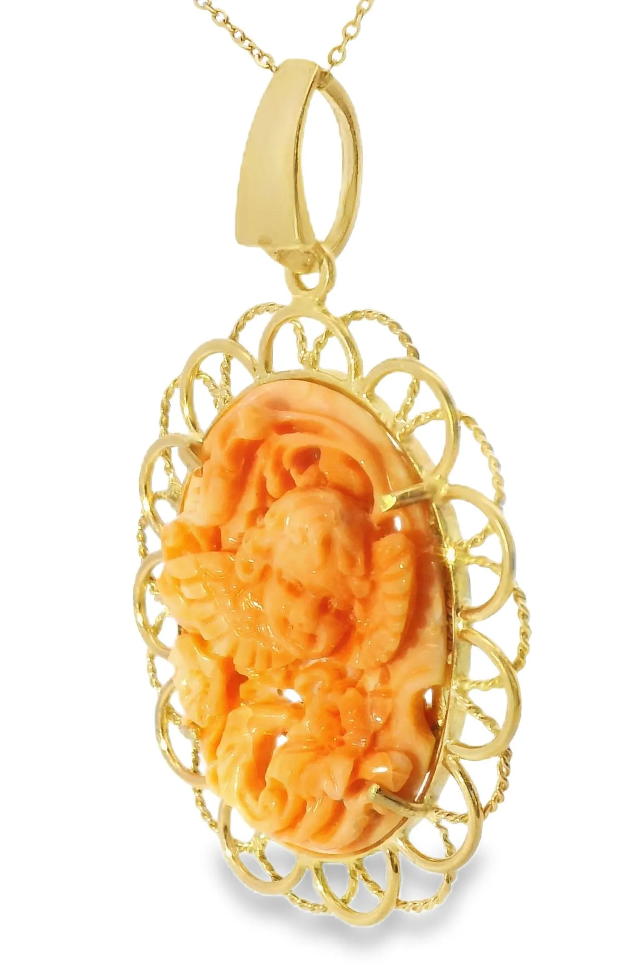 Estate Cameo 14K Gold Filigree Carved Red Coral Reversible Angel Pendant Slide
