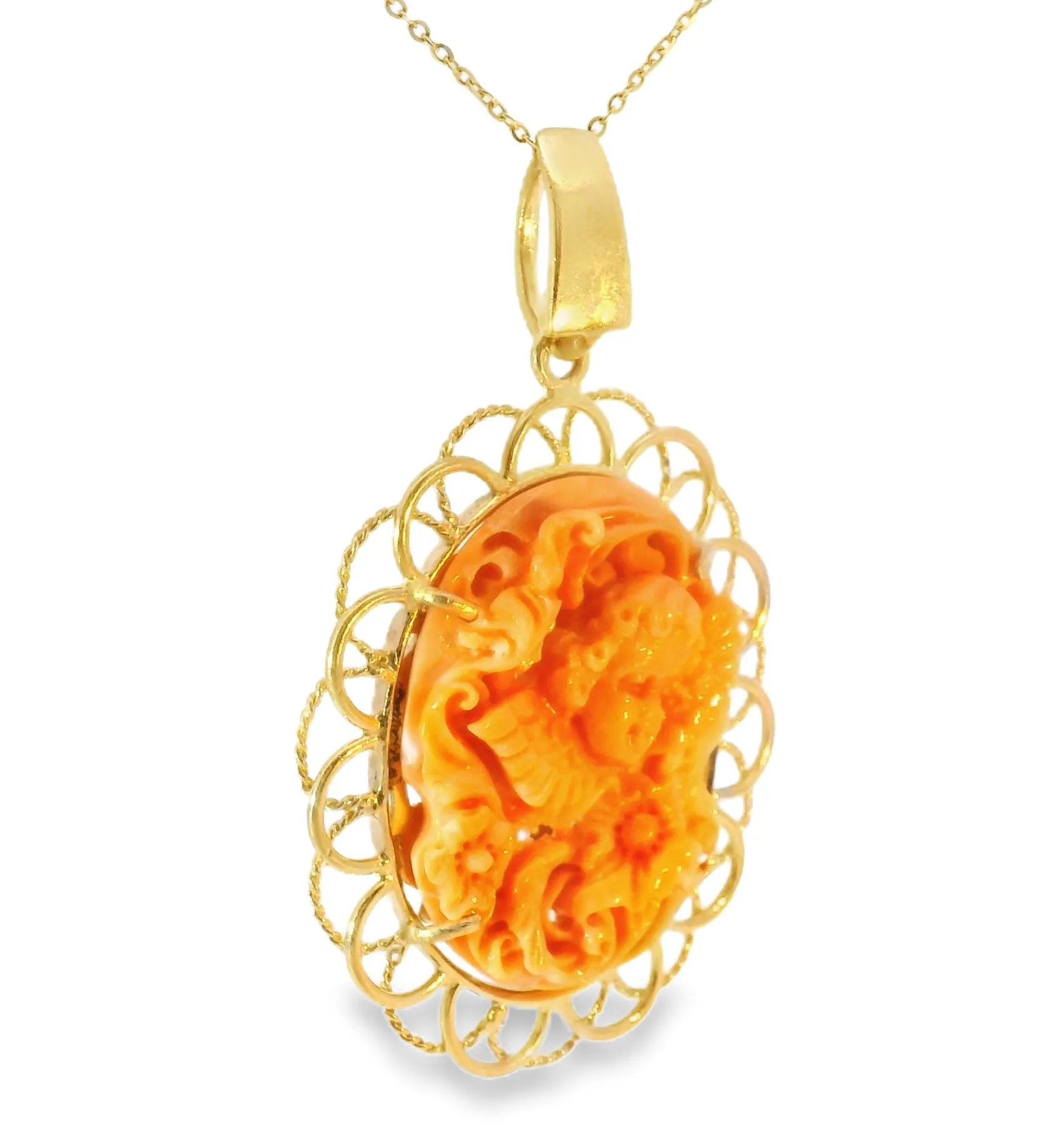 Estate Cameo 14K Gold Filigree Carved Red Coral Reversible Angel Pendant Slide