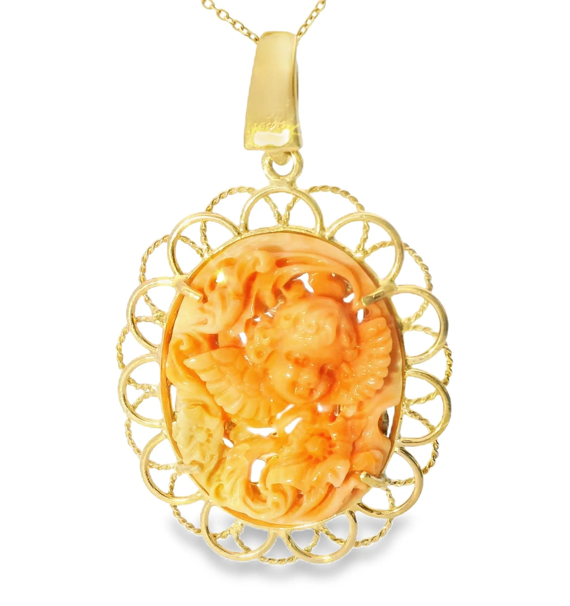 Estate Cameo 14K Gold Filigree Carved Red Coral Reversible Angel Pendant Slide