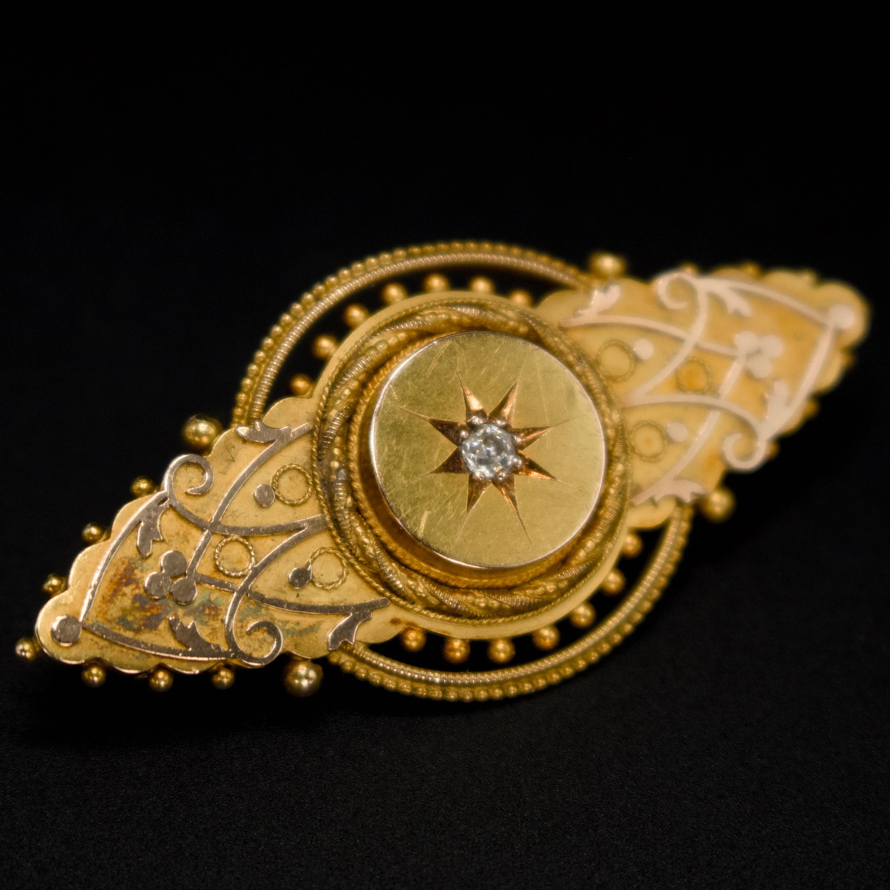 Etruscan Revival Brooch with Old European Cut Diamond and Hidden Compartment