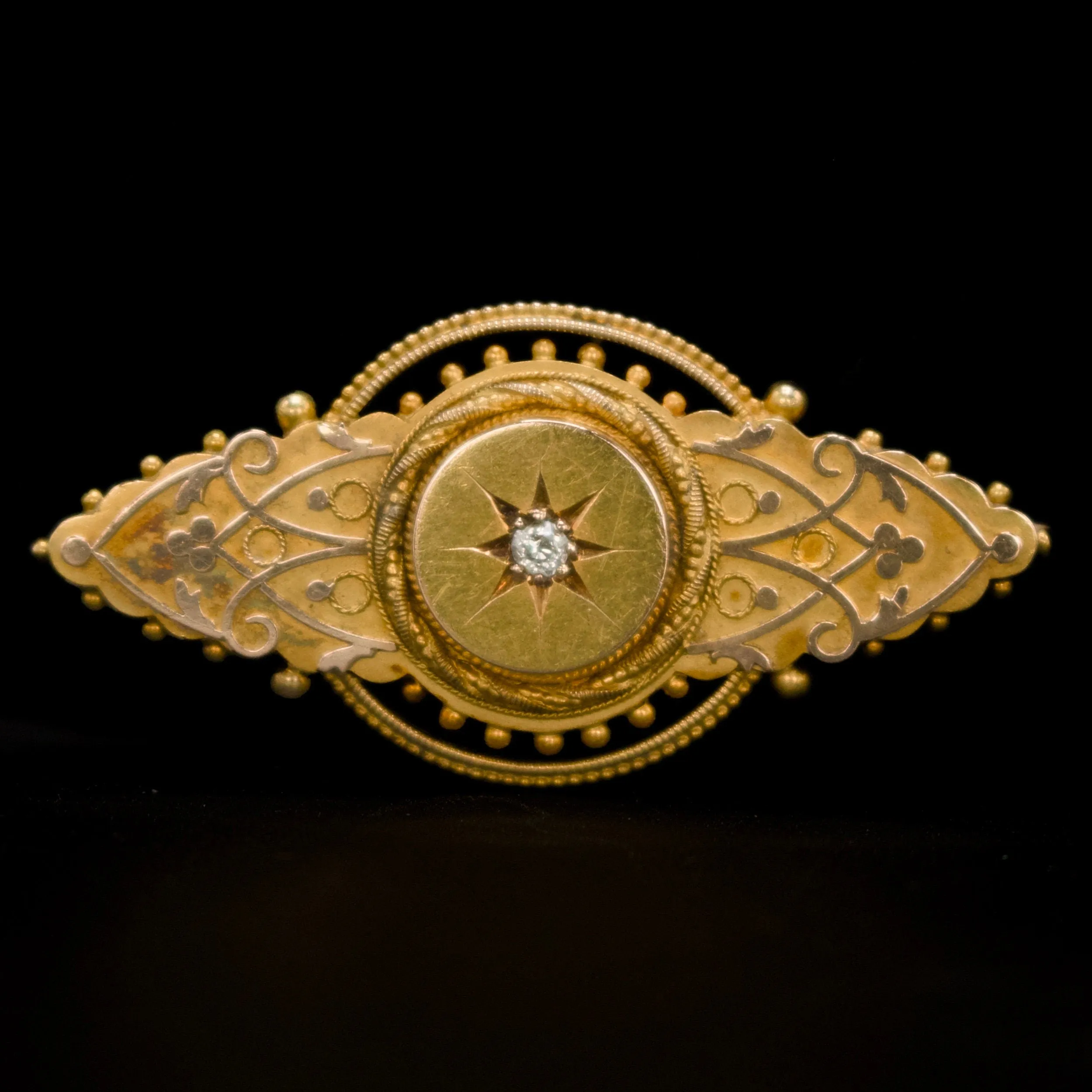 Etruscan Revival Brooch with Old European Cut Diamond and Hidden Compartment