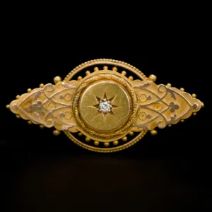 Etruscan Revival Brooch with Old European Cut Diamond and Hidden Compartment