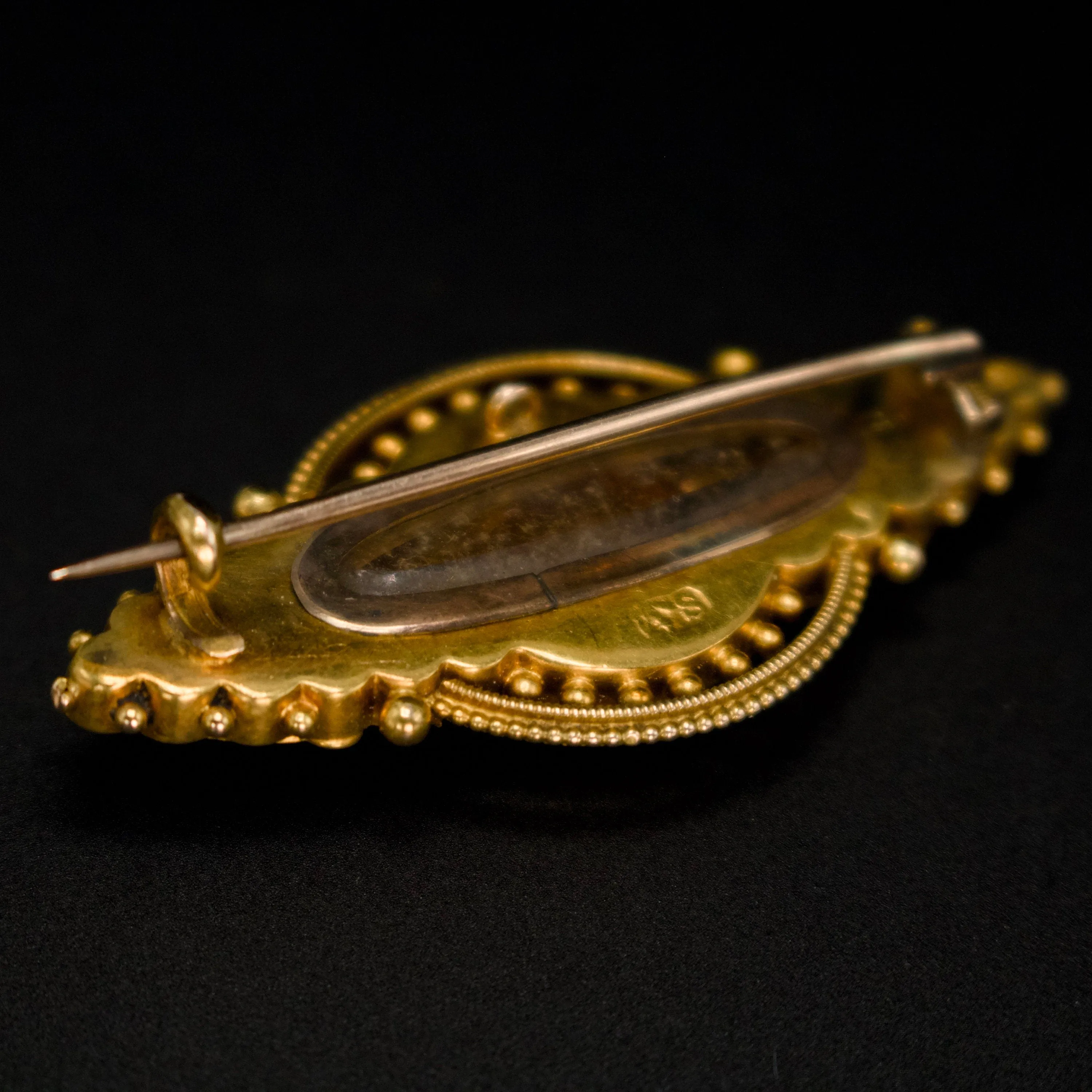 Etruscan Revival Brooch with Old European Cut Diamond and Hidden Compartment