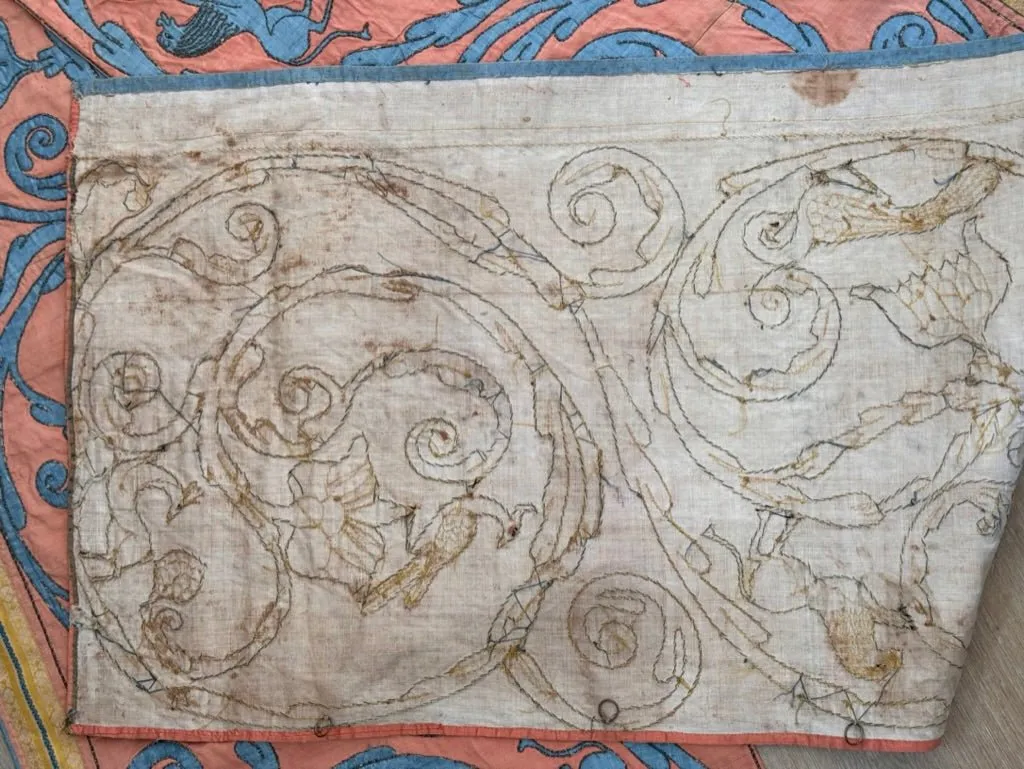Extraordinary 18th Century Silk Panel - salmon pink and pale blue