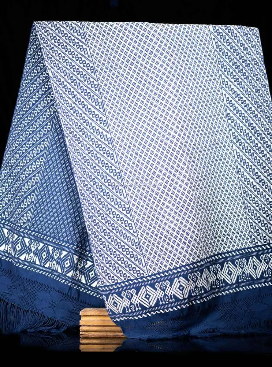 Fine Purepecha Indigenous Cotton Textile Brocade Blue & White Outstanding!