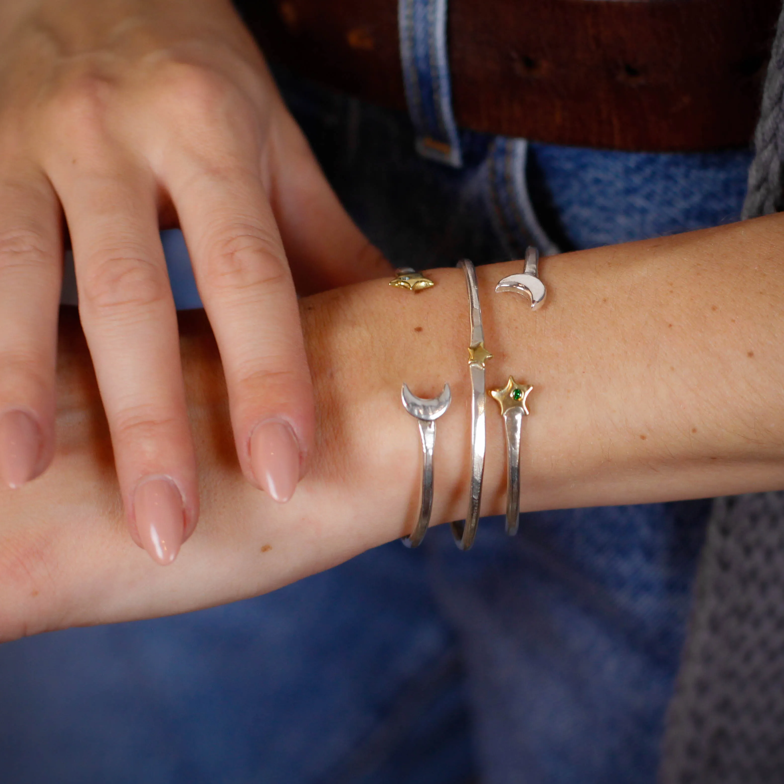 Flower Stacking Cuff bracelet sterling silver and golden bronze