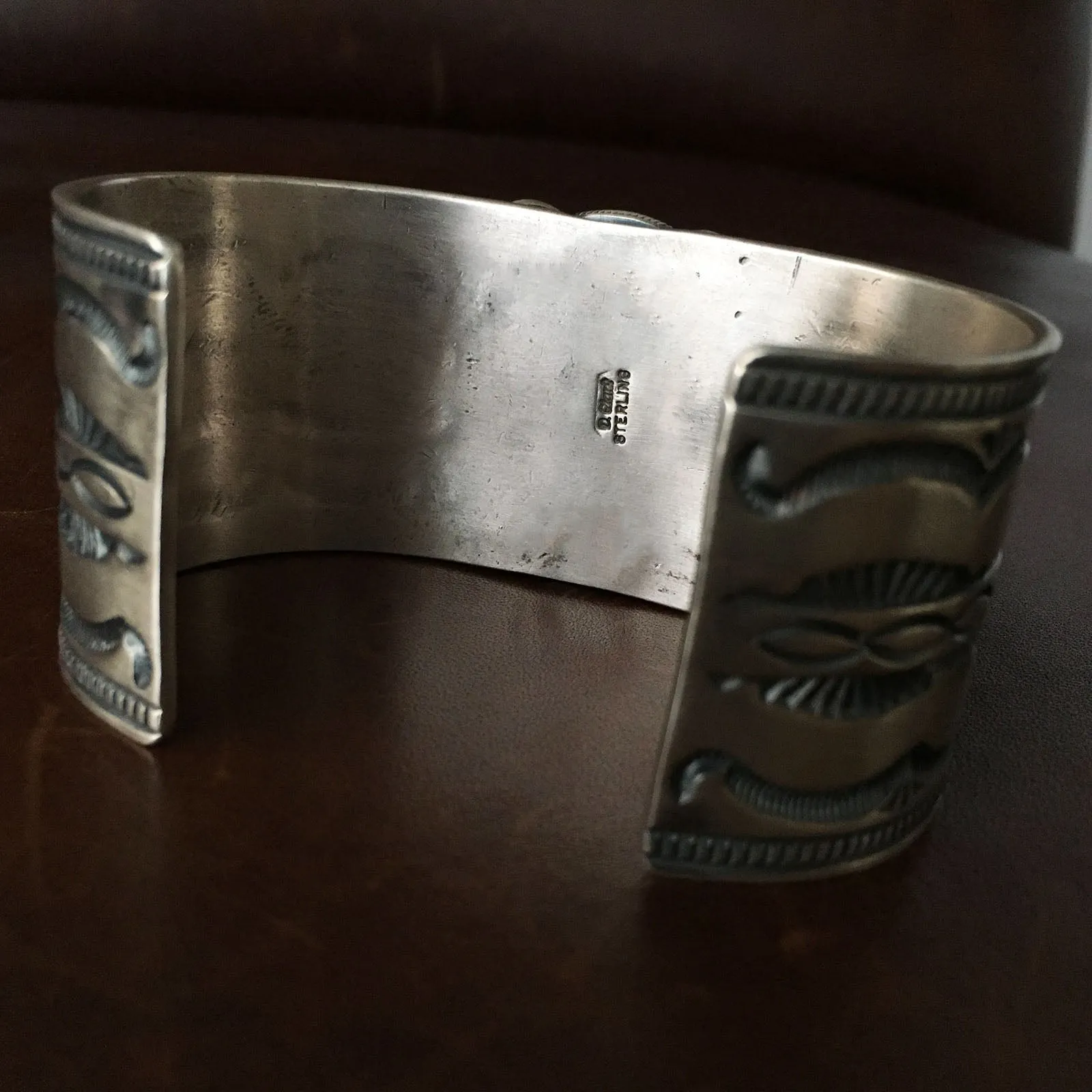 For Men Danny Clark Signed Royston Spiderweb Turquoise Large Cuff Silver Stamp