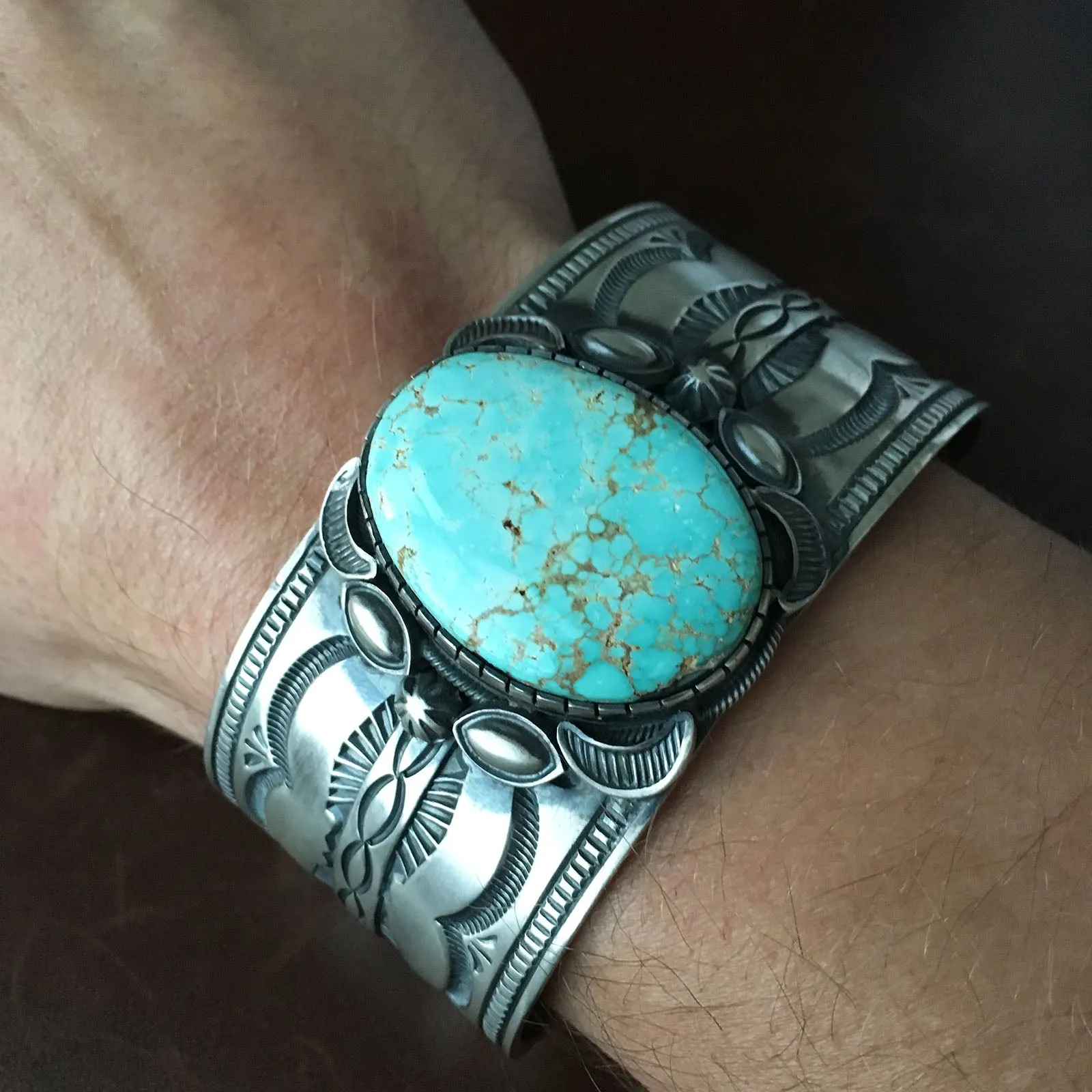 For Men Danny Clark Signed Royston Spiderweb Turquoise Large Cuff Silver Stamp