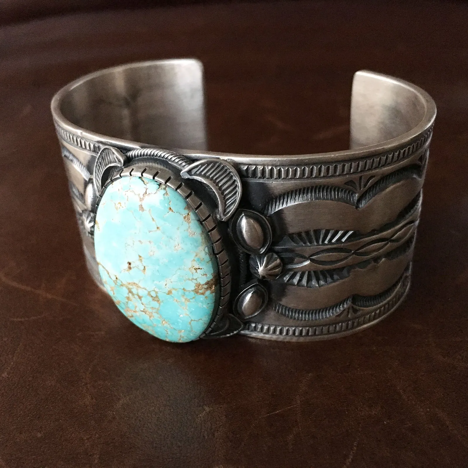 For Men Danny Clark Signed Royston Spiderweb Turquoise Large Cuff Silver Stamp