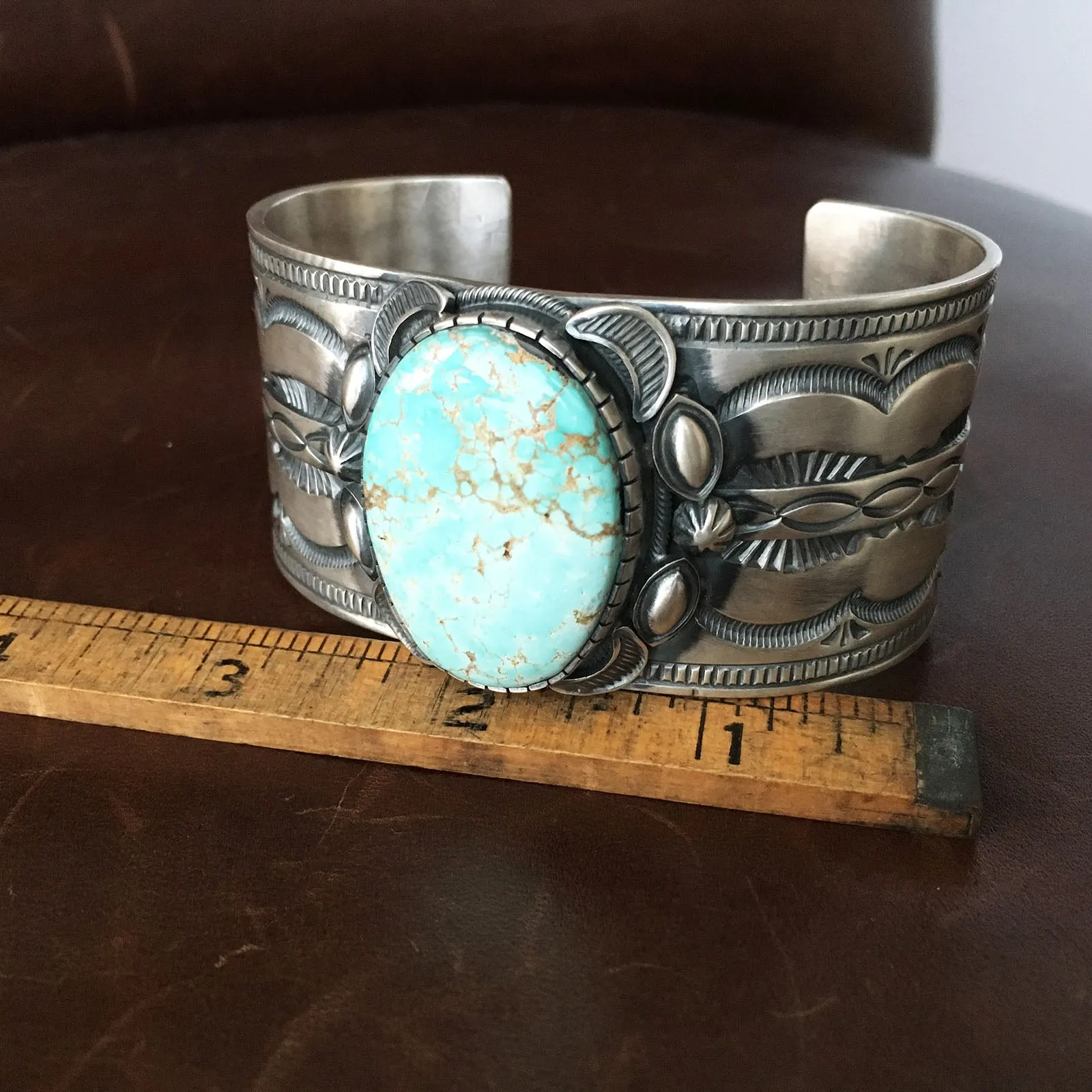 For Men Danny Clark Signed Royston Spiderweb Turquoise Large Cuff Silver Stamp