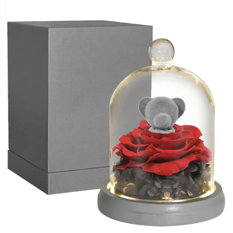 Forever Rose Dome - Bunny And Bear With LED Lights