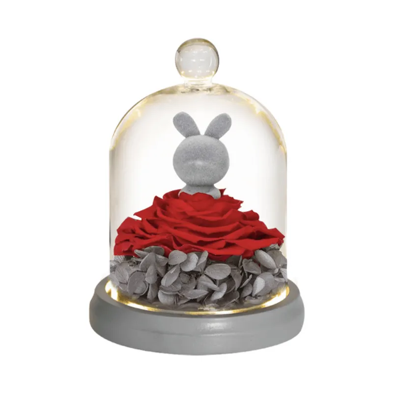 Forever Rose Dome - Bunny And Bear With LED Lights