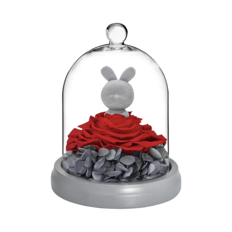 Forever Rose Dome - Bunny And Bear With LED Lights