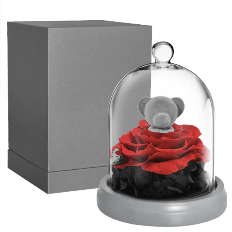 Forever Rose Dome - Bunny And Bear With LED Lights