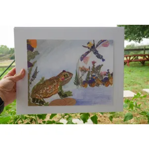 Frog and dragonfly pressed flower print