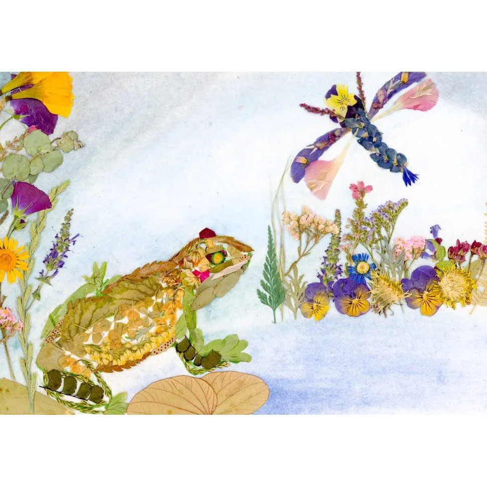 Frog and dragonfly pressed flower print