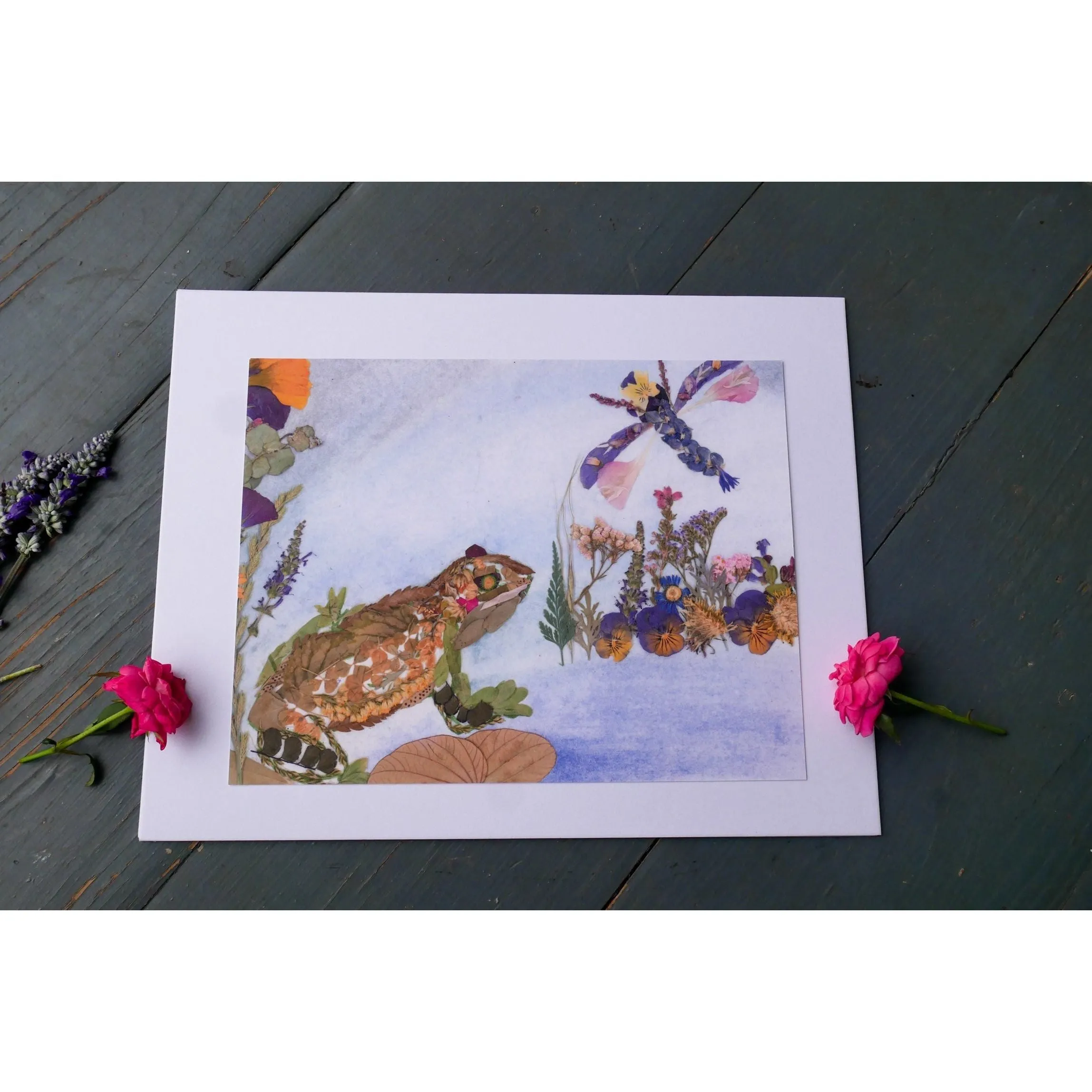 Frog and dragonfly pressed flower print