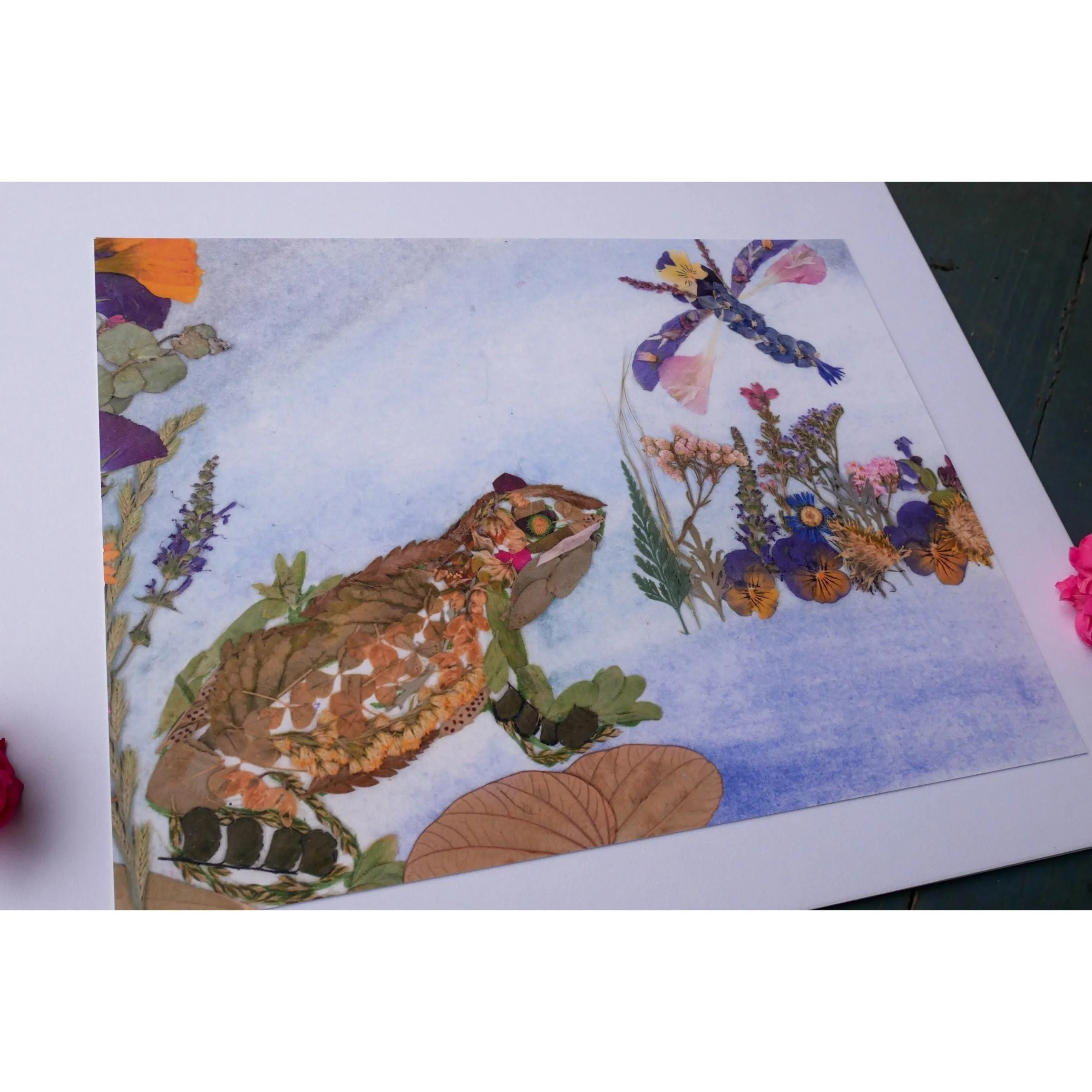 Frog and dragonfly pressed flower print
