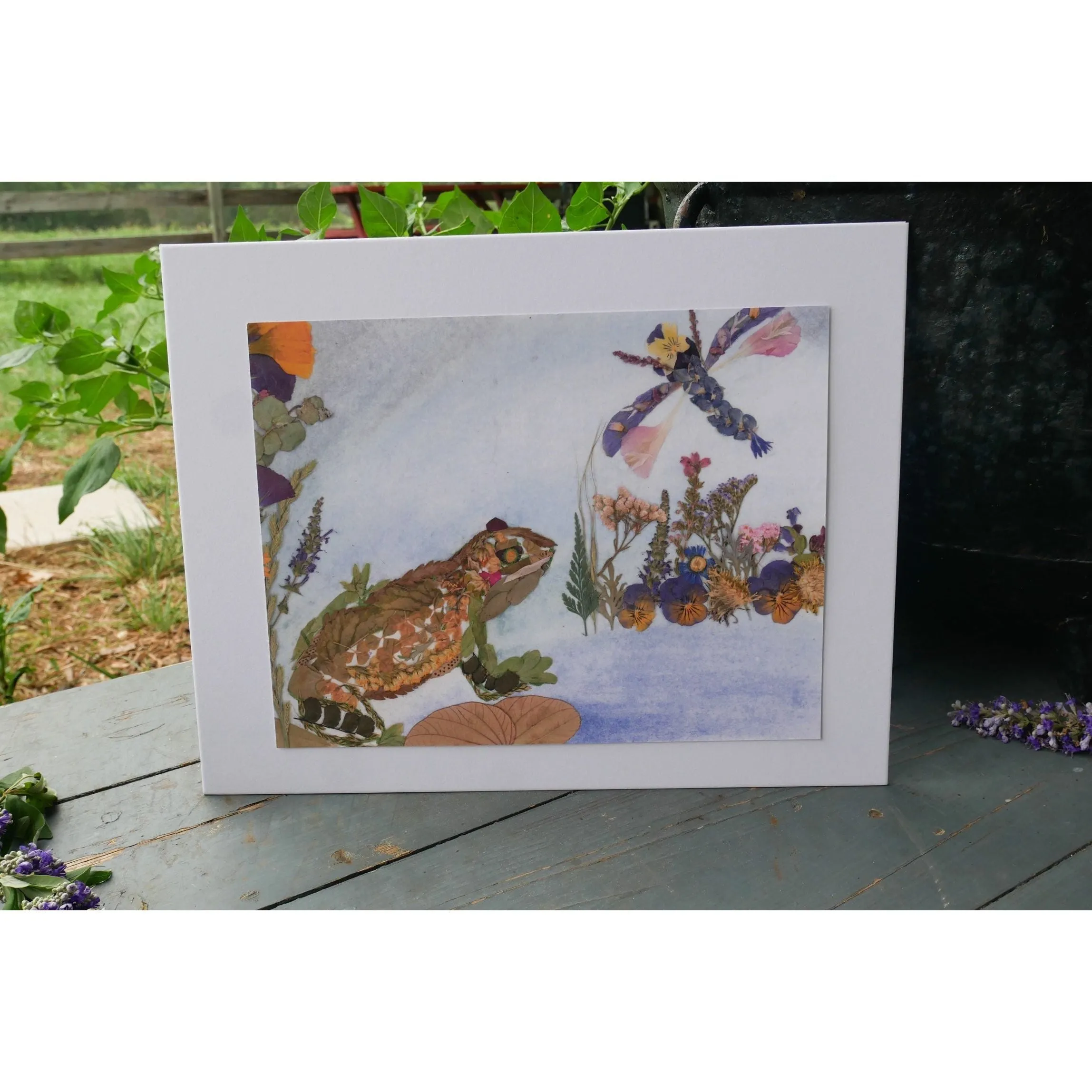 Frog and dragonfly pressed flower print
