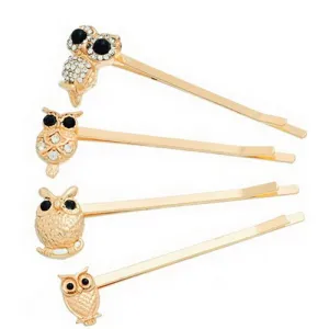 Gold and Rhinestone Owl Hair Pins
