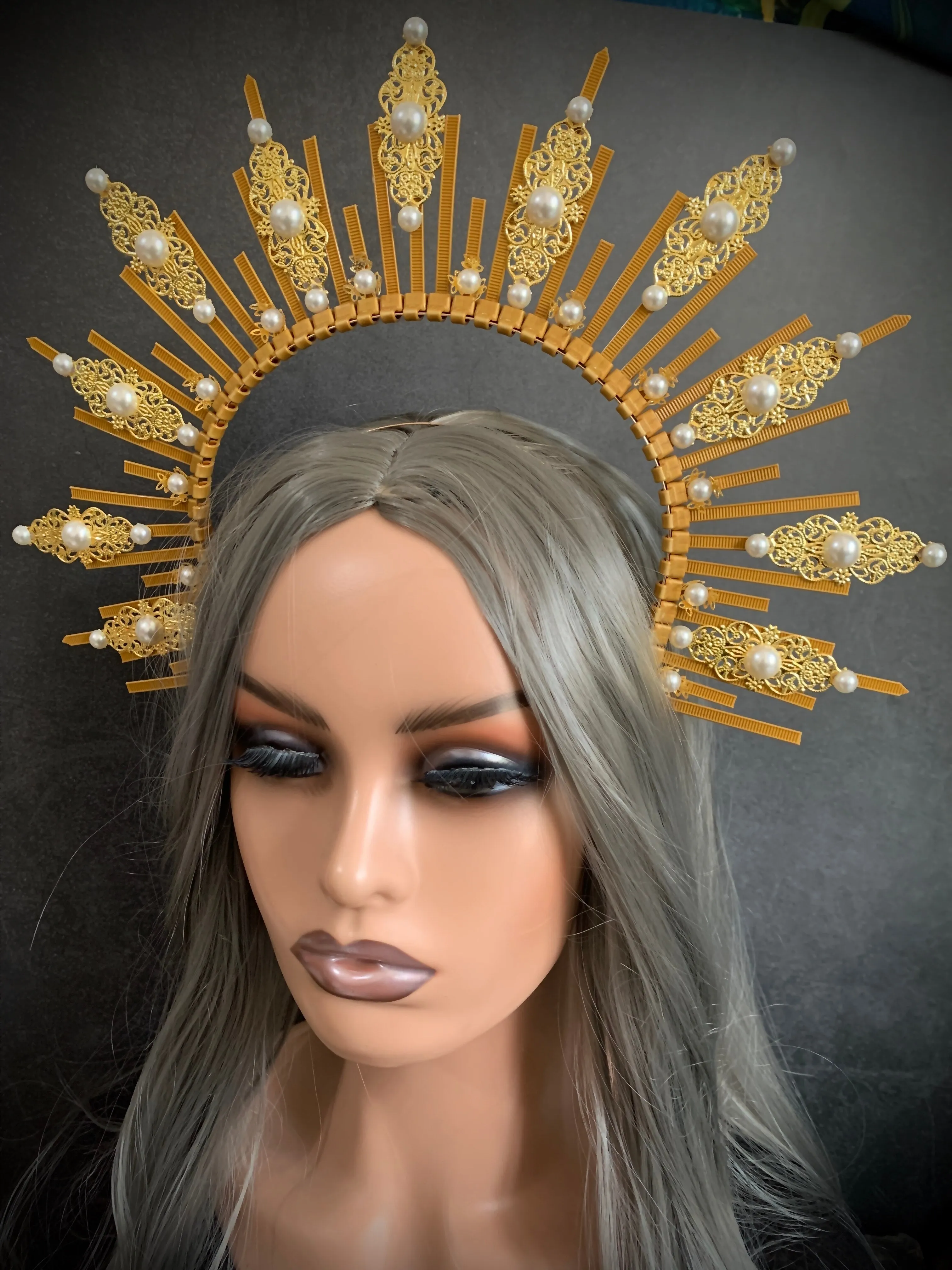 Gold Spike Halo Crown Pearl Headpiece Fairy Lolita Sunburst Fairy Wedding Bride Plastic ZIP TIE and Metal piece Wrap Hair band