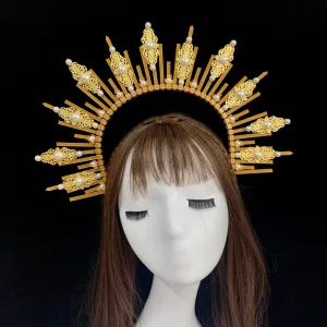 Gold Spike Halo Crown Pearl Headpiece Fairy Lolita Sunburst Fairy Wedding Bride Plastic ZIP TIE and Metal piece Wrap Hair band
