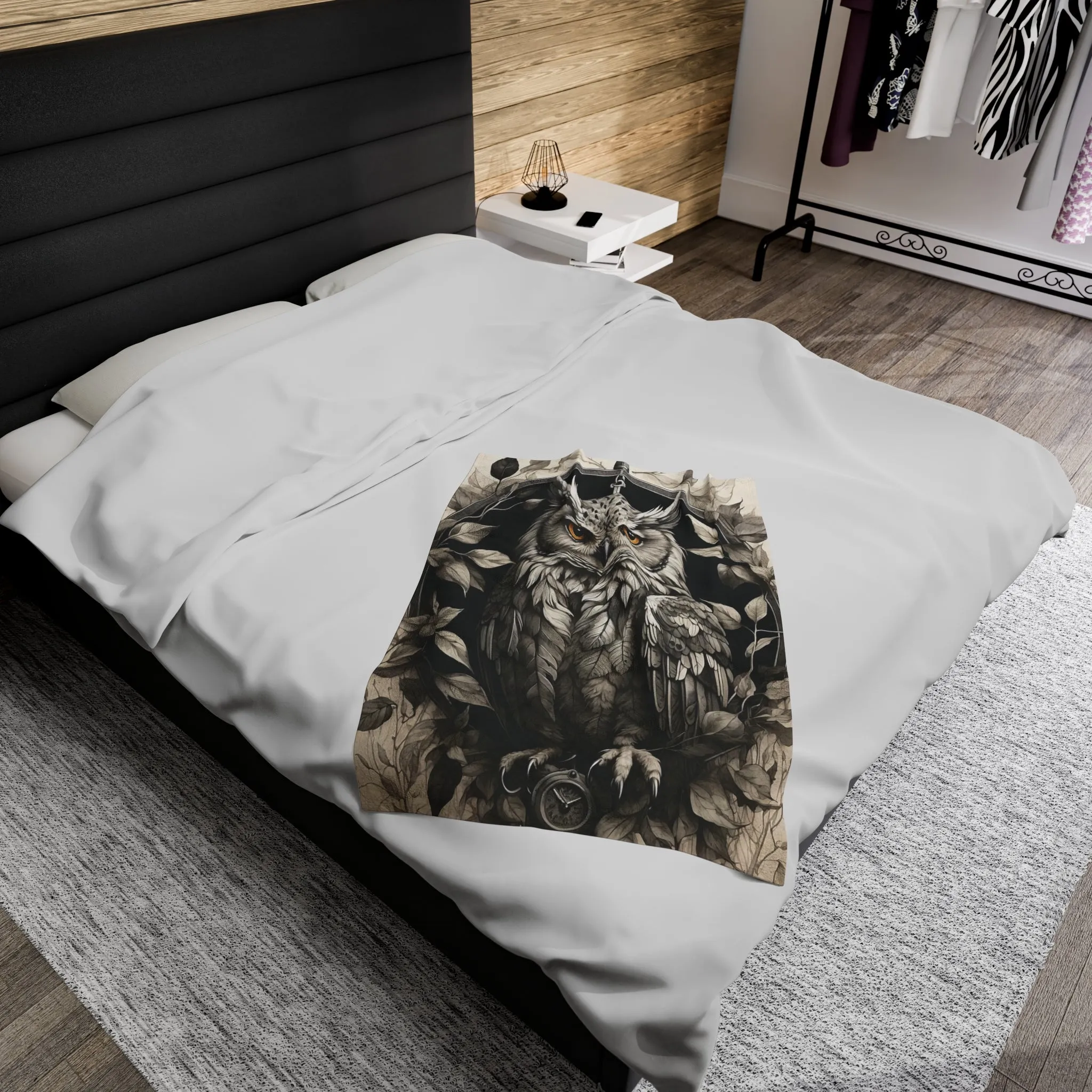 Gray Owl Velveteen Plush Blanket with Compass and Leaves
