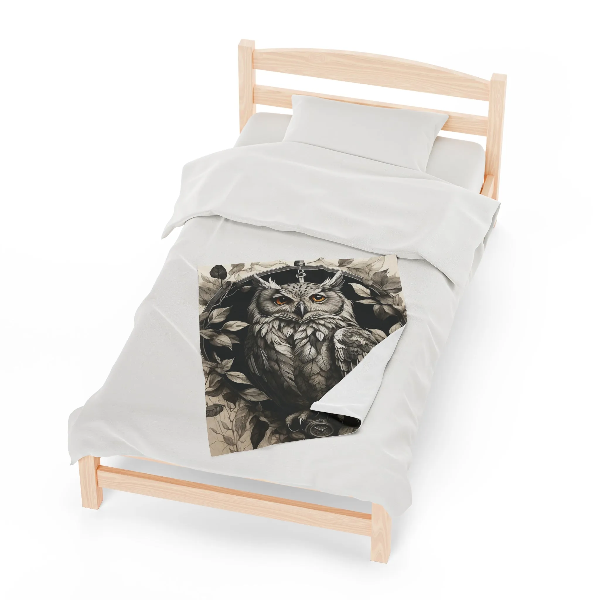 Gray Owl Velveteen Plush Blanket with Compass and Leaves