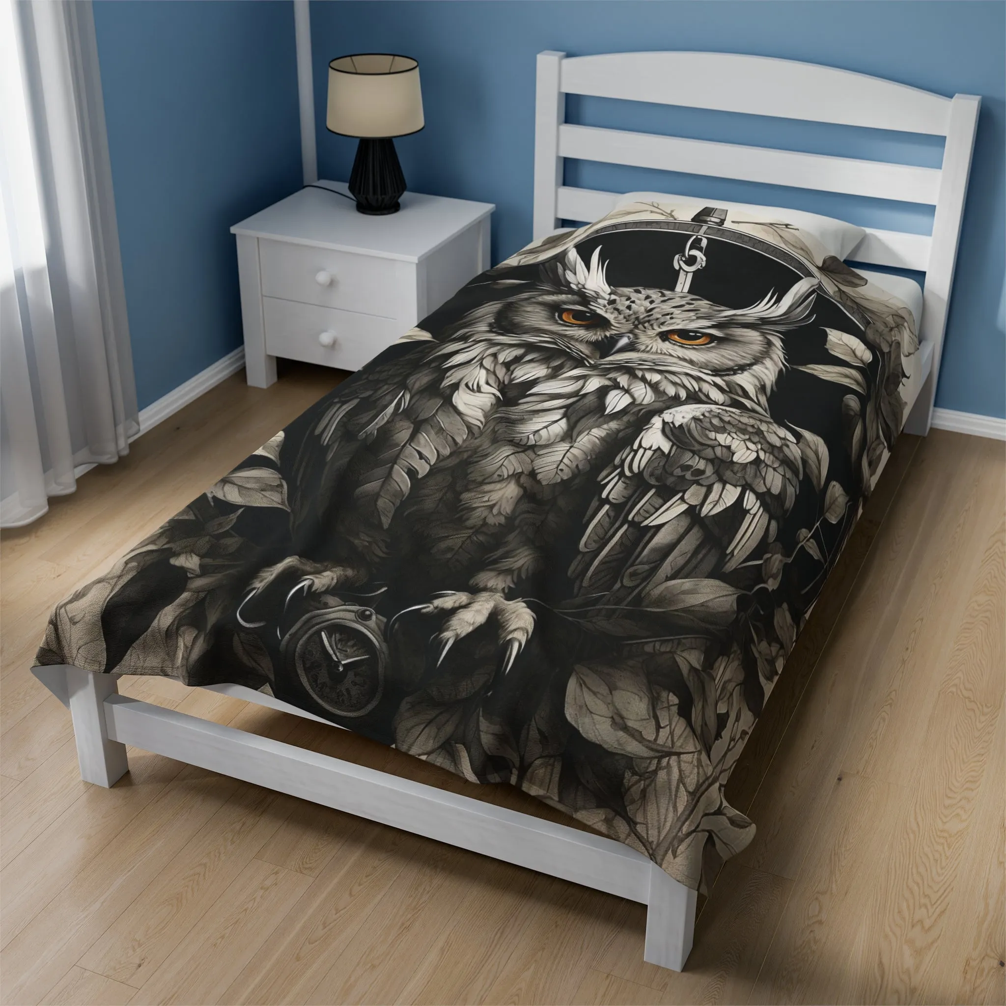 Gray Owl Velveteen Plush Blanket with Compass and Leaves