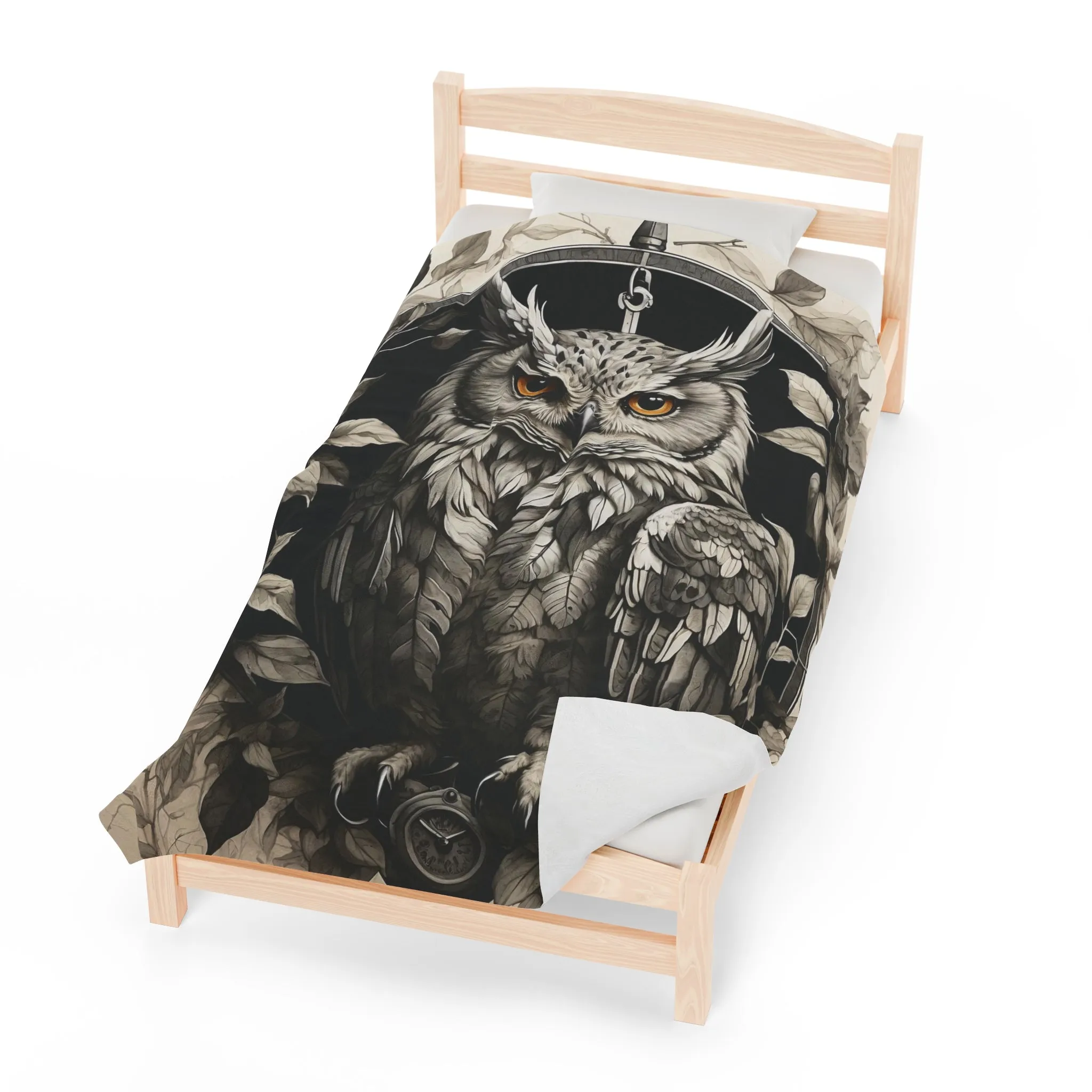 Gray Owl Velveteen Plush Blanket with Compass and Leaves