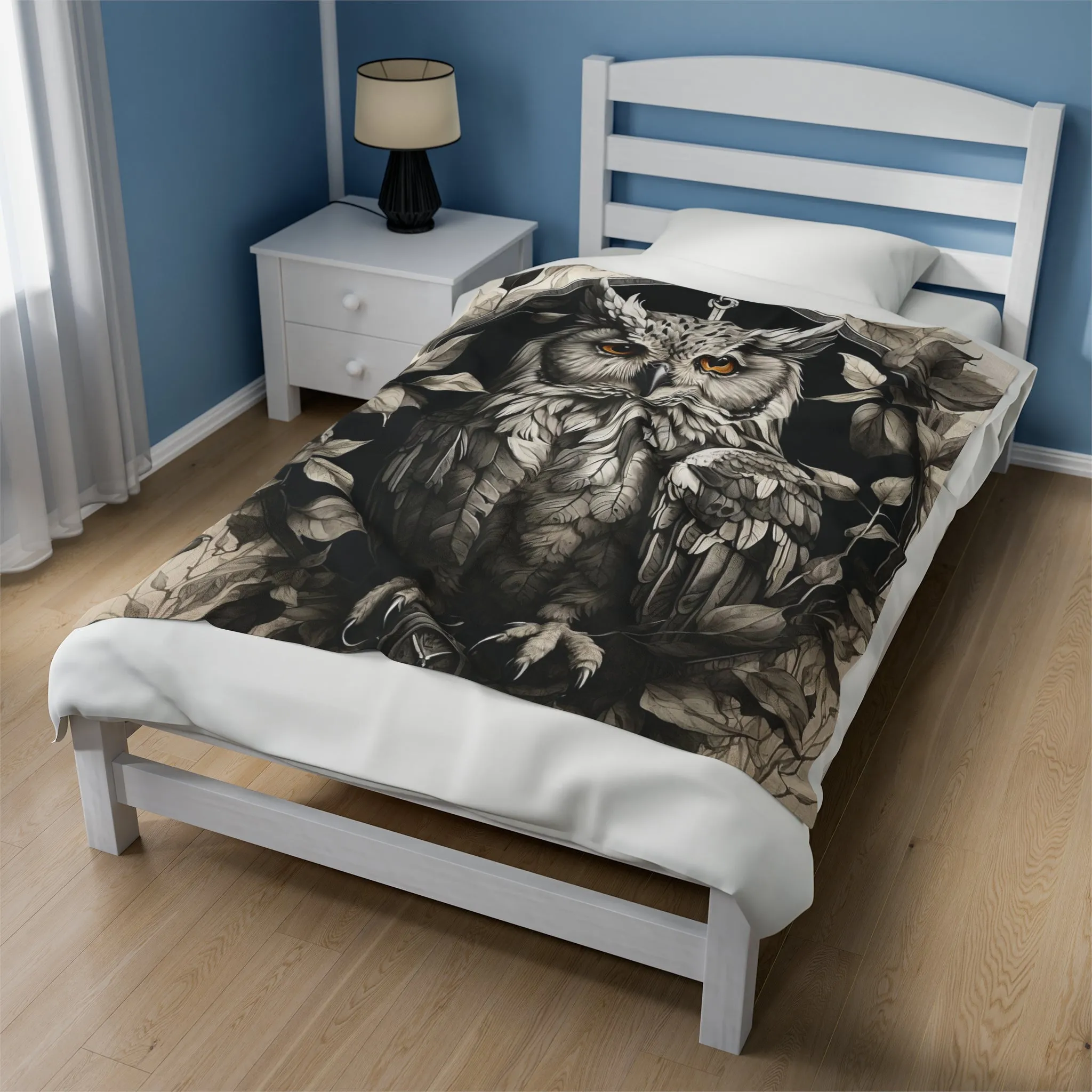Gray Owl Velveteen Plush Blanket with Compass and Leaves