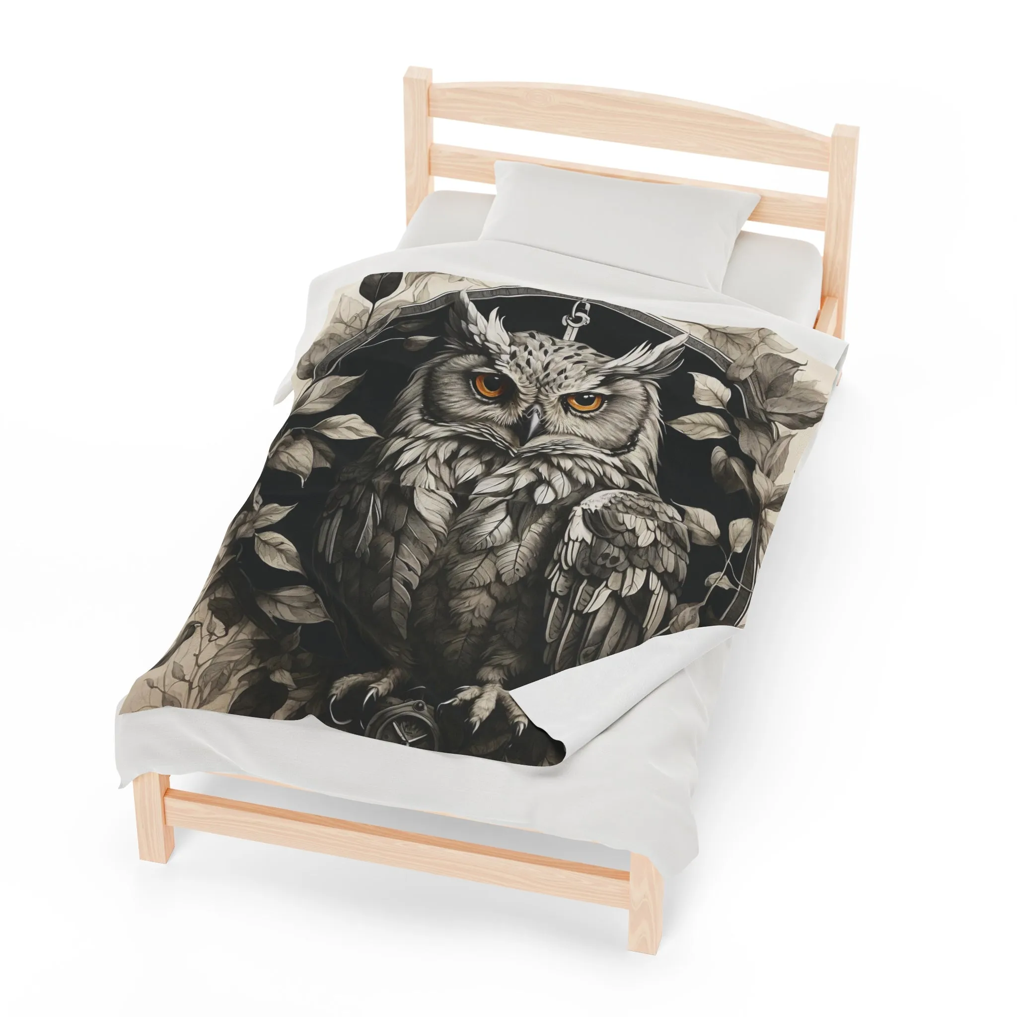 Gray Owl Velveteen Plush Blanket with Compass and Leaves