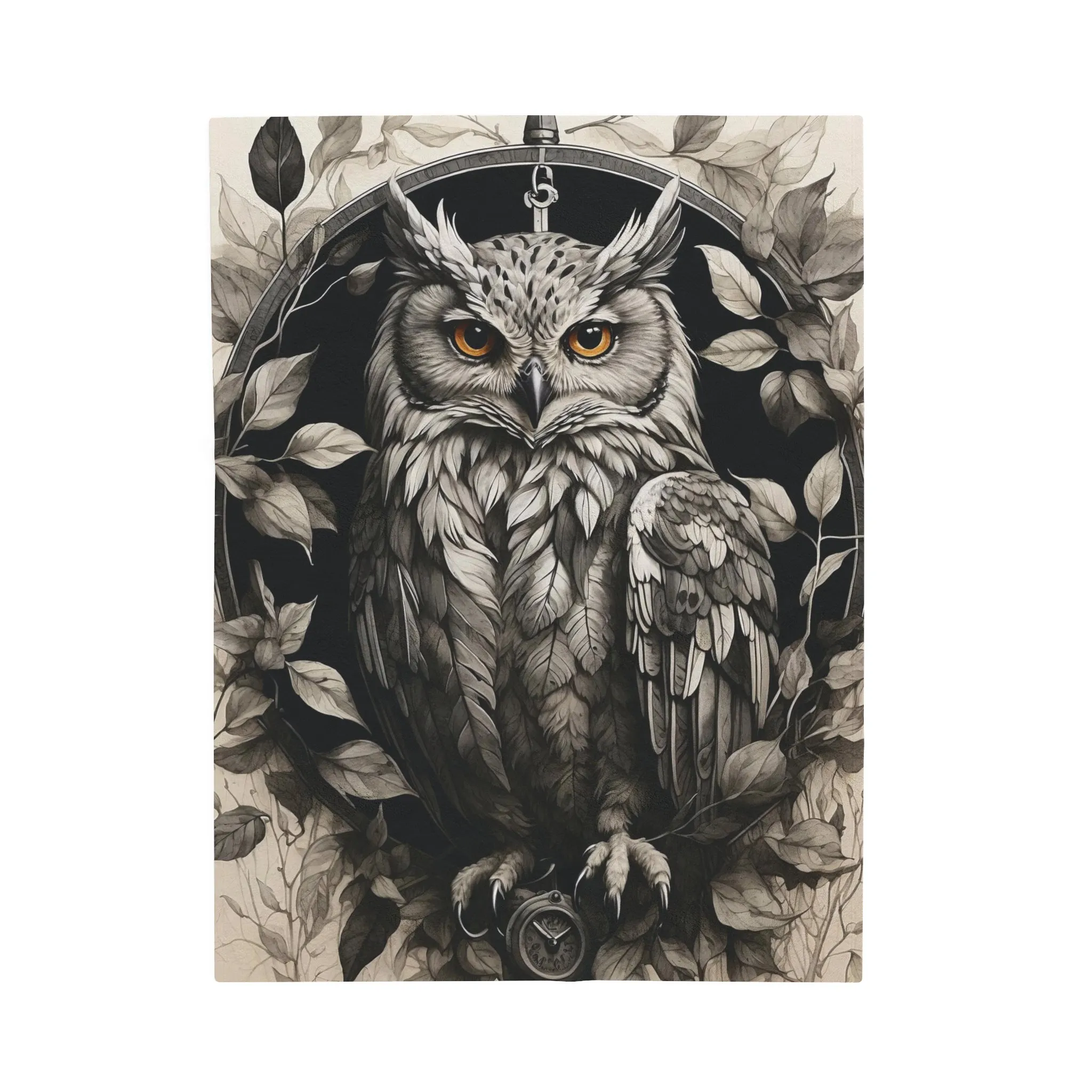 Gray Owl Velveteen Plush Blanket with Compass and Leaves