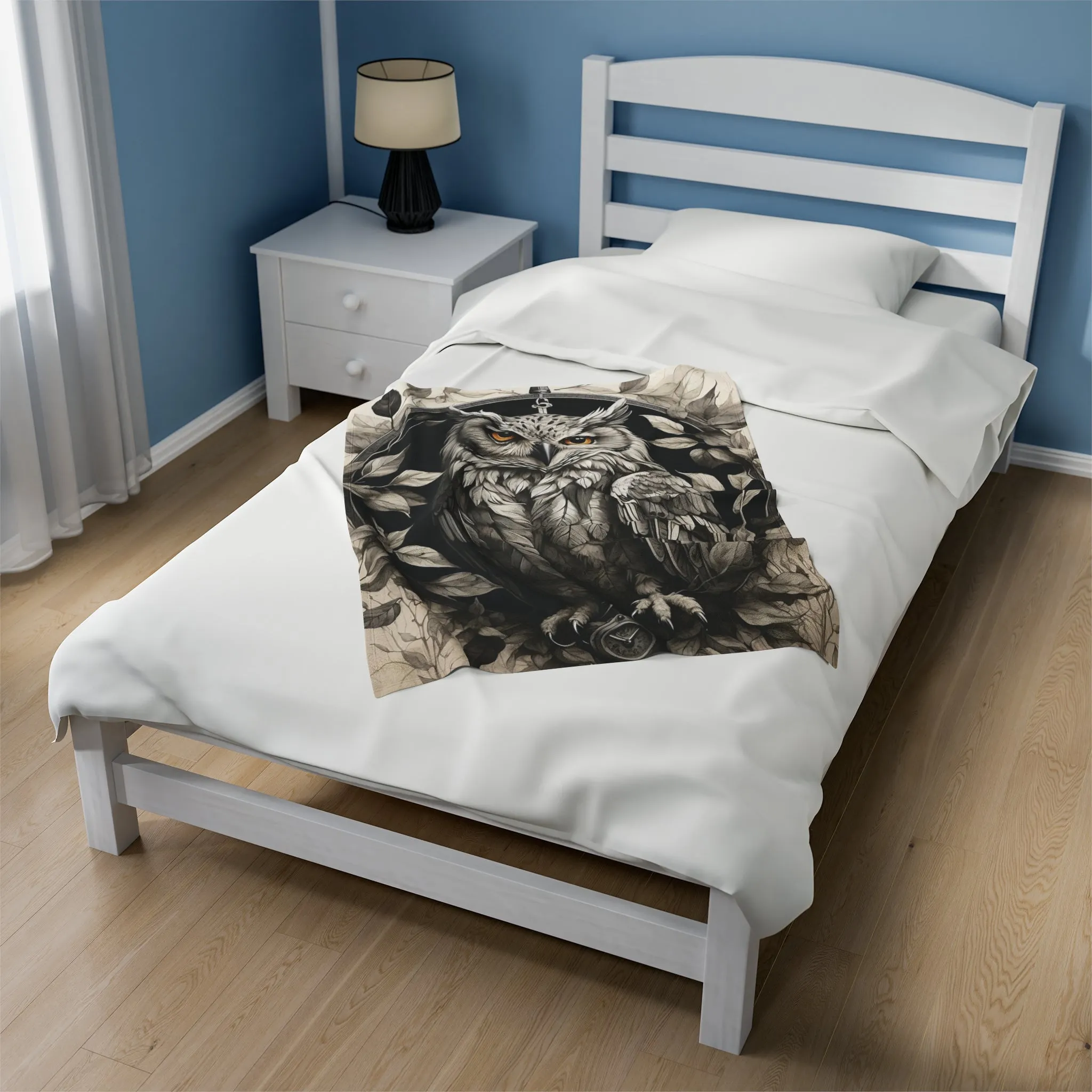 Gray Owl Velveteen Plush Blanket with Compass and Leaves