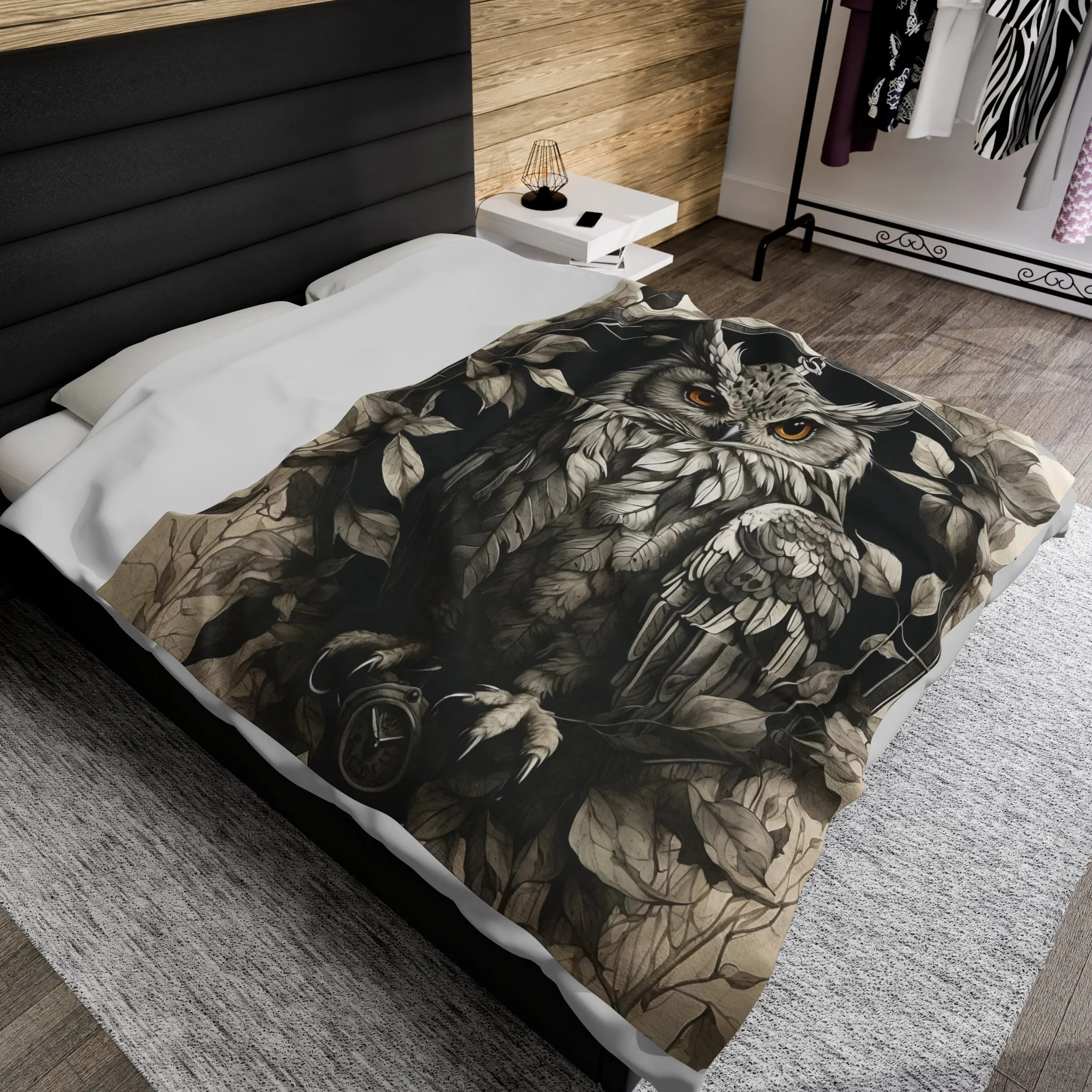 Gray Owl Velveteen Plush Blanket with Compass and Leaves